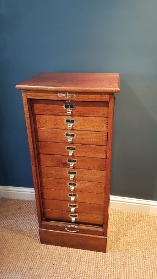 Antique Edwardian Solid Oak Tambour Front File Cabinet