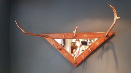 Edwardian Oak Hall Mirror with Antler Coat Hooks