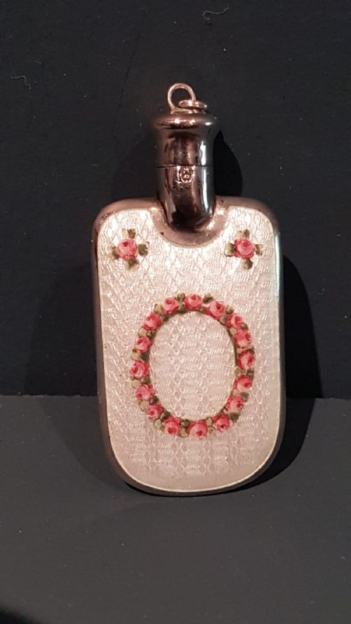 Antique Engine Turned Enamel Silver Pocket Scent Bottle