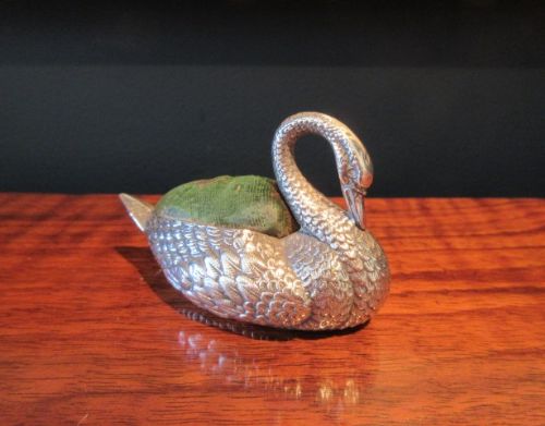 Antique Solid Silver Swan Pin Cushion