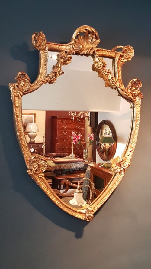 Antique Plaster Gilt Shield Shaped Mirror