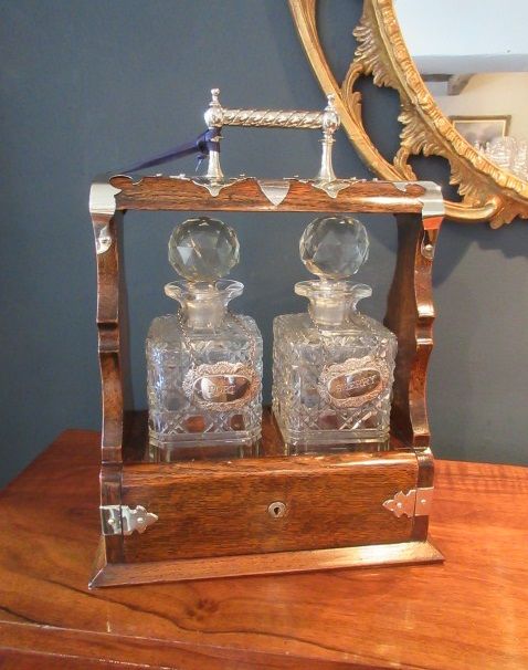 Superior Antique Oak & Silvered Two Bottle Tantalus