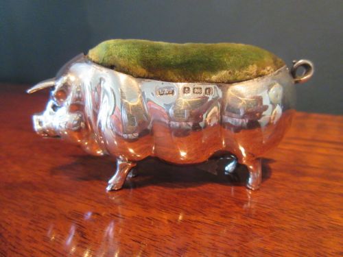 Large Antique Silver Pig Pin Cushion