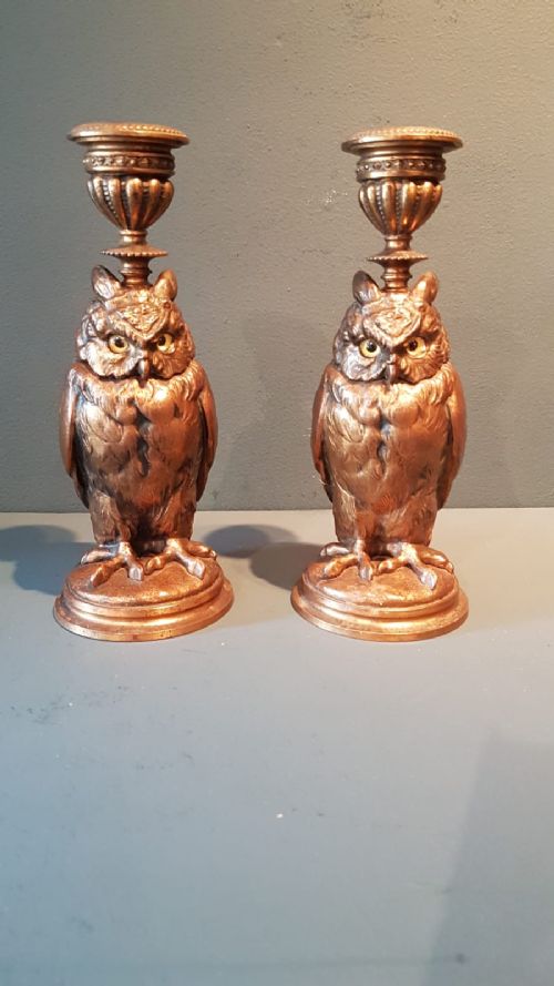 Pair of Edwardian Bronzed Owl Candlesticks
