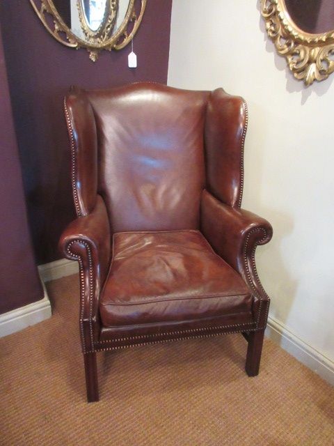 Superb Antique Tan Leather Wing Armchair