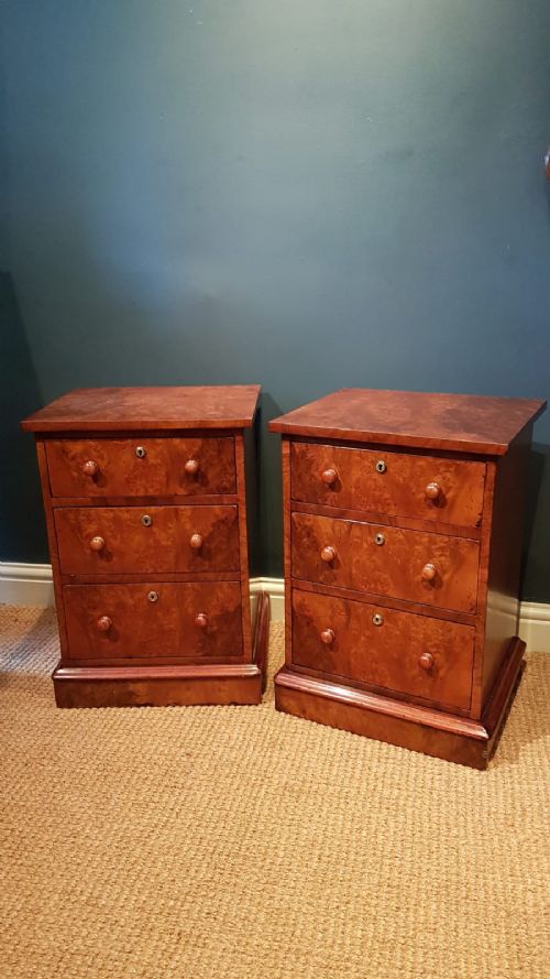 Matching Pair of Antique Victorian Burr Walnut Bedside Chests