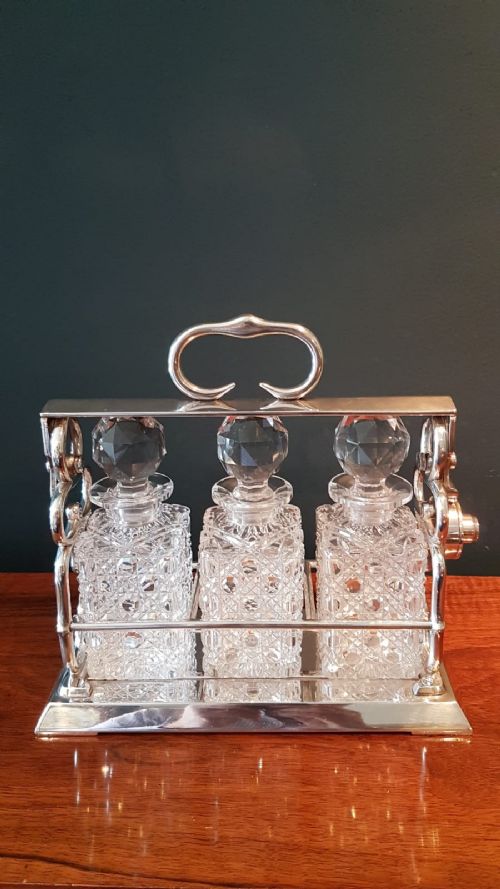 Victorian Silver Plate and Cut Crystal Three Bottle Tantalus