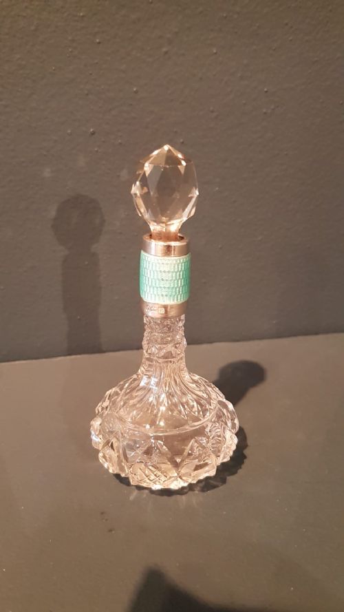 Cut Crystal Scent Bottle with Silver and Enamel Collar