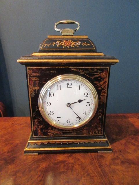Antique Chinioserie Black Laquered Mantel Clock