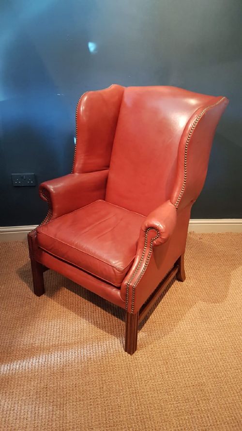 Original 1920'S Red Hide Wing Back Arm Chair