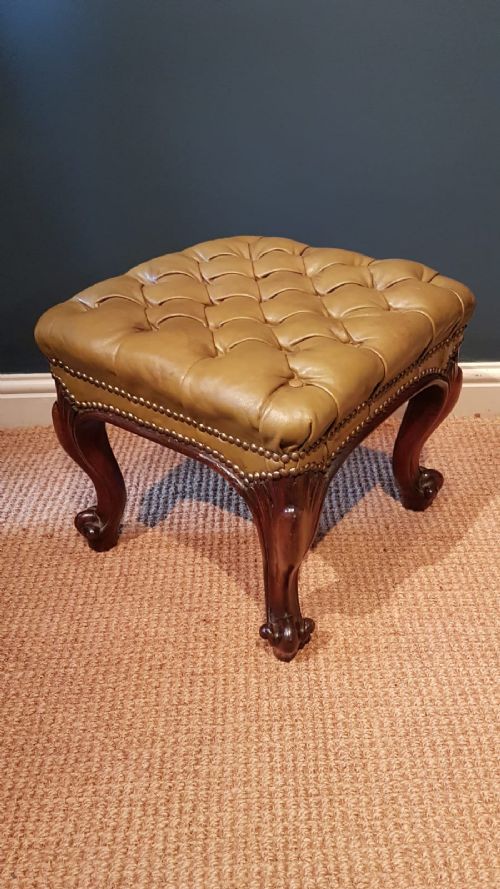 Victorian Rosewood Cabriole Leg Stool with Olive Hide Upholstery
