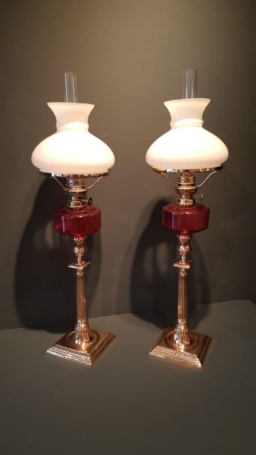 Matching Pair of Victorian Cranberry Glass Oil Lamps