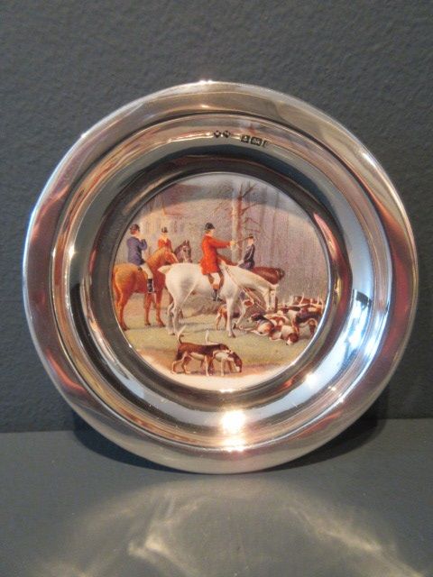 Edwardian Period Silver & Porcelain Hunting Scene Tray