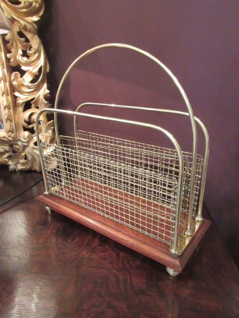 Antique Solid Brass & Oak Magazine Rack