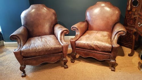 Superb Pair of Antique Edwardian Leather Easy Chairs