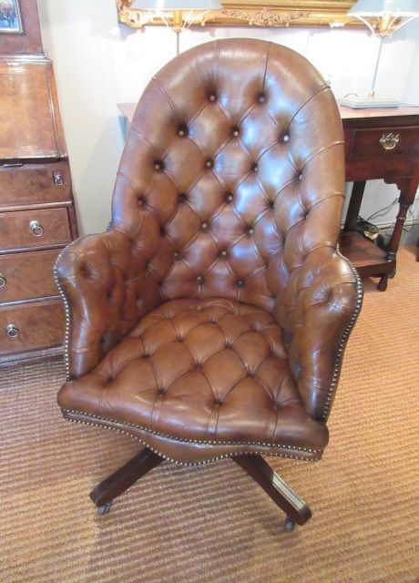 Antique Leather Buttoned Swivel Desk Armchair
