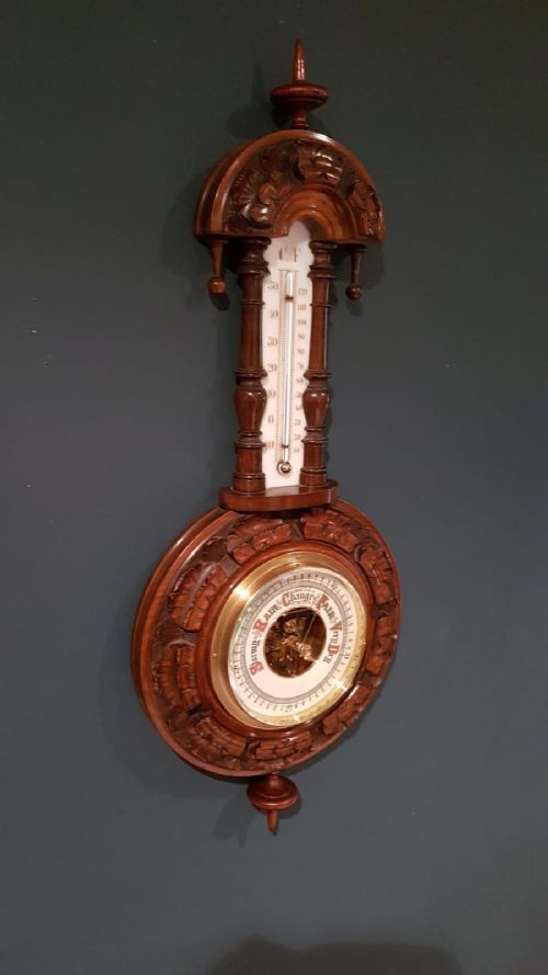 Small Victorian Walnut Carved Pendant Banjo Barometer