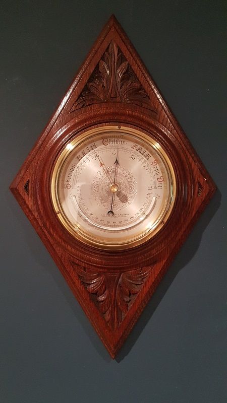 Victorian Oak Carved Barometer and Crescent Thermometer