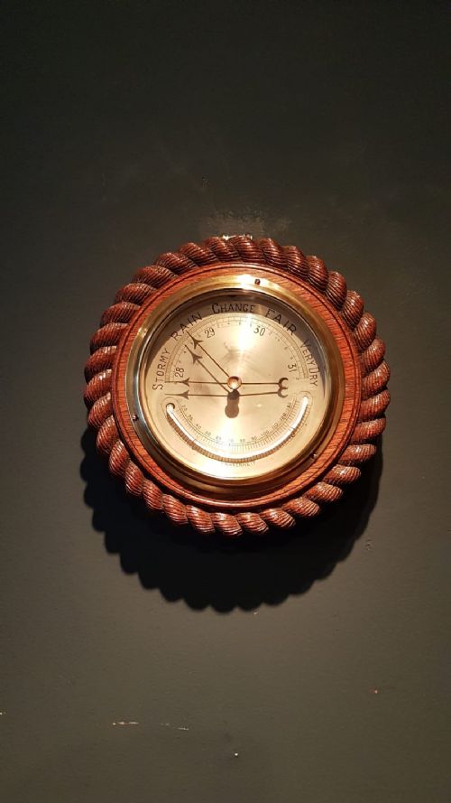 Antique Solid Oak Ship's Barometer & Thermometer