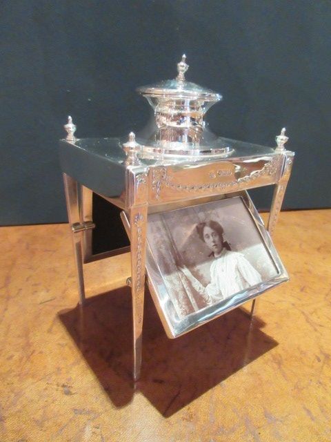 Superb Antique Silver Desktop Photo Frame & Inkwell