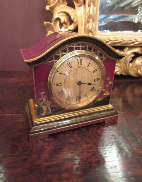 Antique Chinoiserie 8 Day Maroon Lacquered Mantel Clock