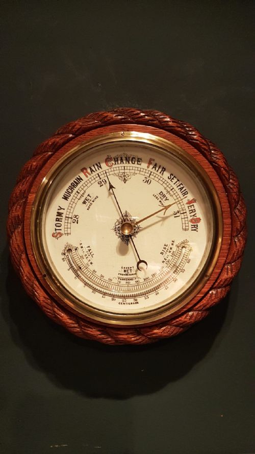Victorian Oak Ships Barometer with Crescent Thermometer