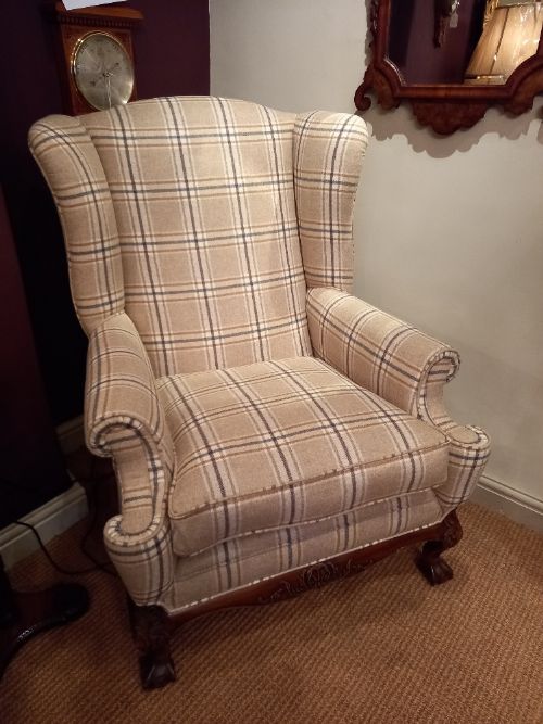 Superb Antique Walnut Upholstered Wing Armchair