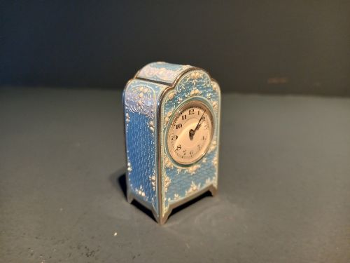 Rare Antique Silver Enamel Miniature Swiss Clock