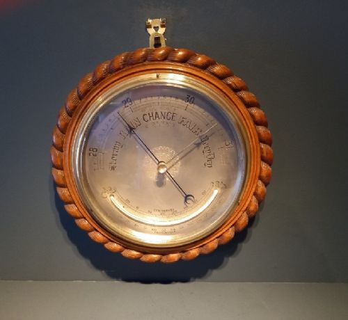 Superb Antique Solid Oak Ship's Barometer with Thermometer