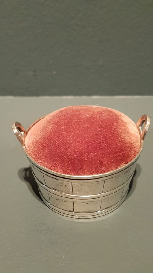 Antique Silver Wash Barrel Pin Cushion