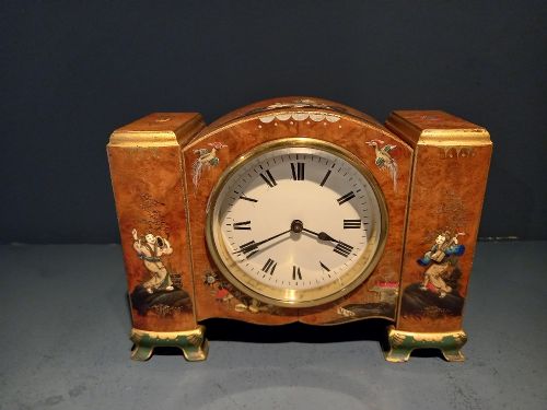 Antique Chinoiserie Burr Walnut Mantel Clock