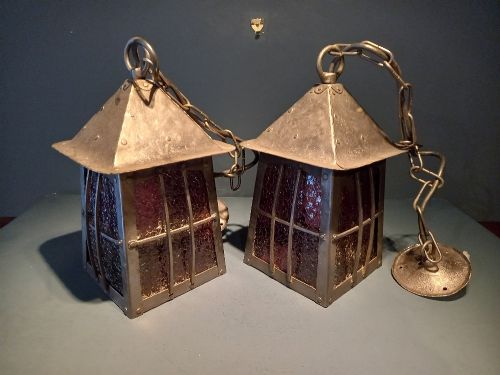 Pair of Arts & Crafts Polished Steel Hanging Lanterns