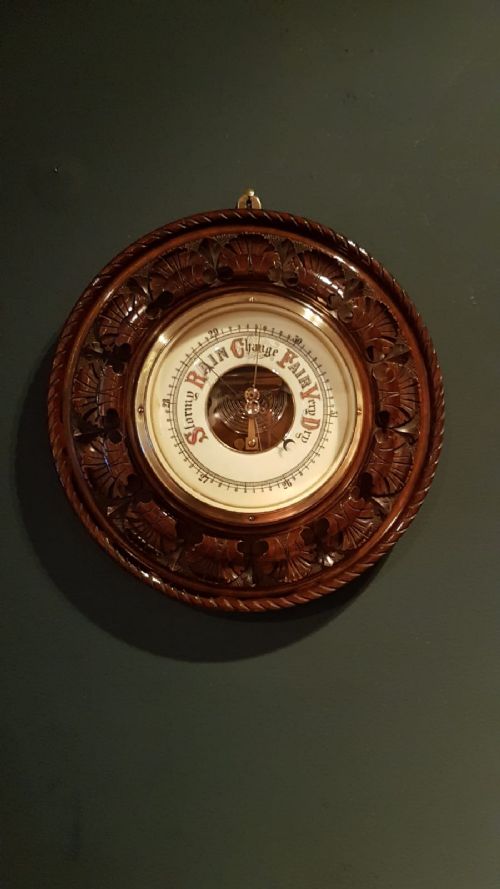 Superior Victorian Carved Walnut Skeletonised Aneroid Barometer