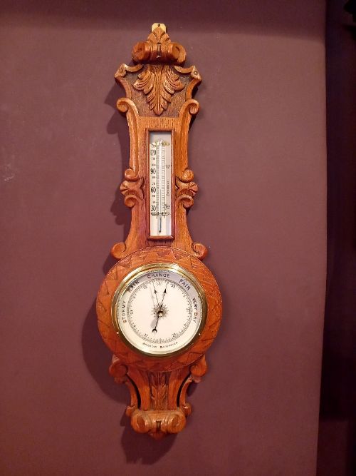 Small Mid Victorian Solid Oak Banjo Barometer