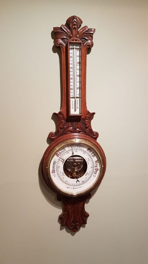 Victorian Oak Banjo Barometer with Skeletonised Movement