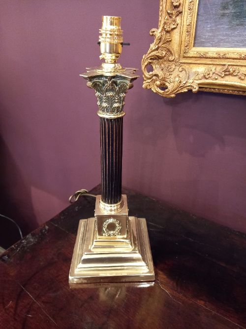 Antique Brass & Mahogany Corinthian Column Table Lamp