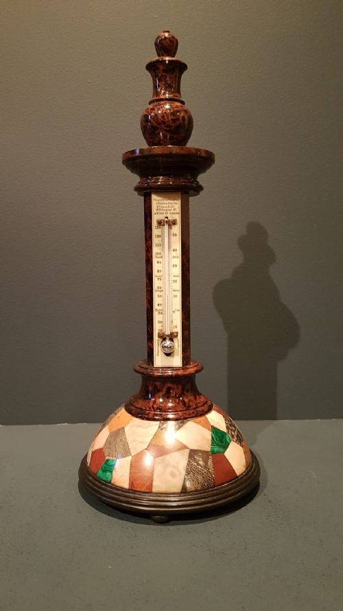 Outstanding Serpentine and Specimen Marble Obelisk Thermometer