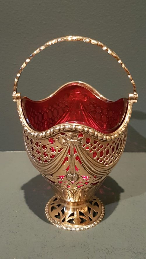 Edwardian Silver Gilt Bonbon Dish with Cranberry Liner