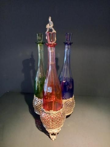 Superb Antique Cut & Flashed Three Bottle Tantalus