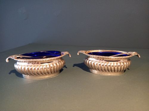 Fine Pair of Antique Silver Salts & Blue Glass Liners