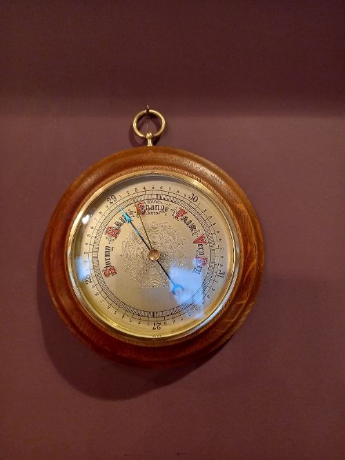 Antique Solid Oak & Gilt Engraved Dial Barometer