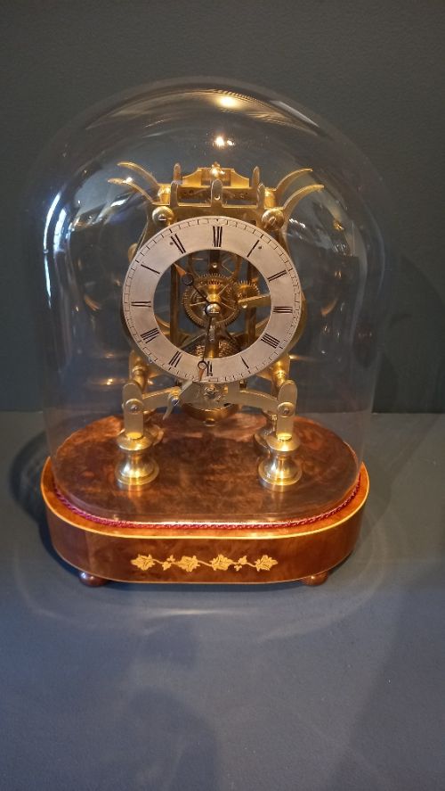 Mid Victorian Burr Walnut Fusee Skeleton Clock