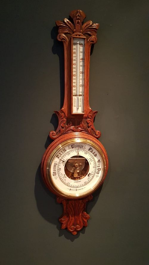 Victorian Carved Oak Banjo Barometer with Skeletonised Movement