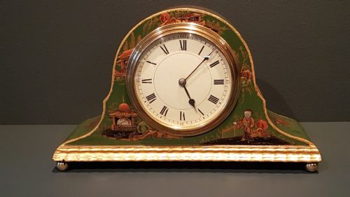 Edwardian Green Chinoiserie Napoleon Hat Mantel Clock