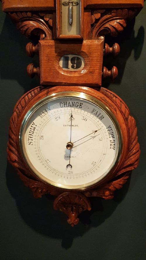 fig 1. Unusual Victorian Carved Oak Barometer Clock and Calendar combination
