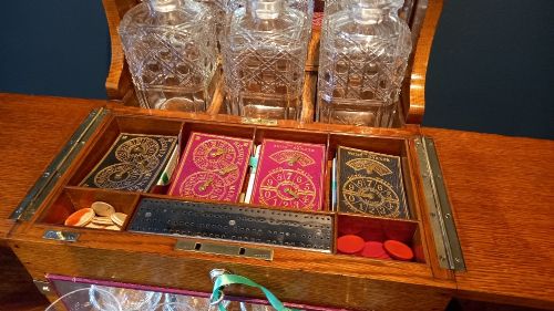 fig 1. Superb Victorian Oak Tantalus & Games Compendium