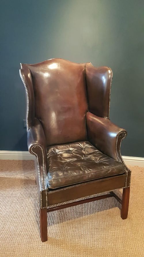 Original 1920'S Antique Leather Wing Back Arm Chair