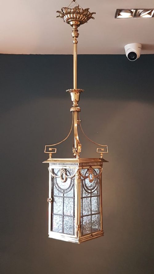 Edwardian Brass and Leaded Glass Lantern