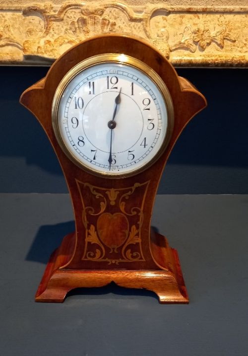 Antique Fruitwood Inlaid Panel Mantel Clock