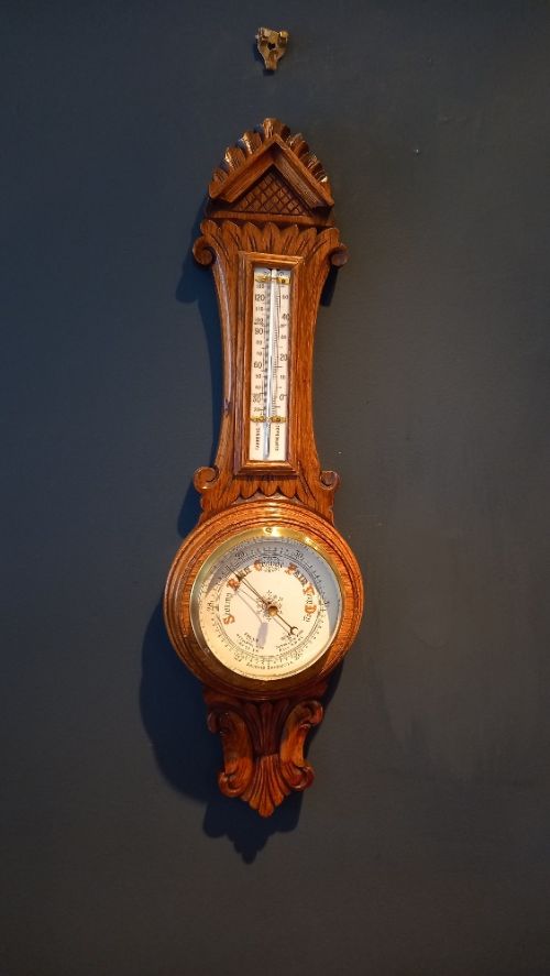 Small Antique Polished Oak Banjo Barometer